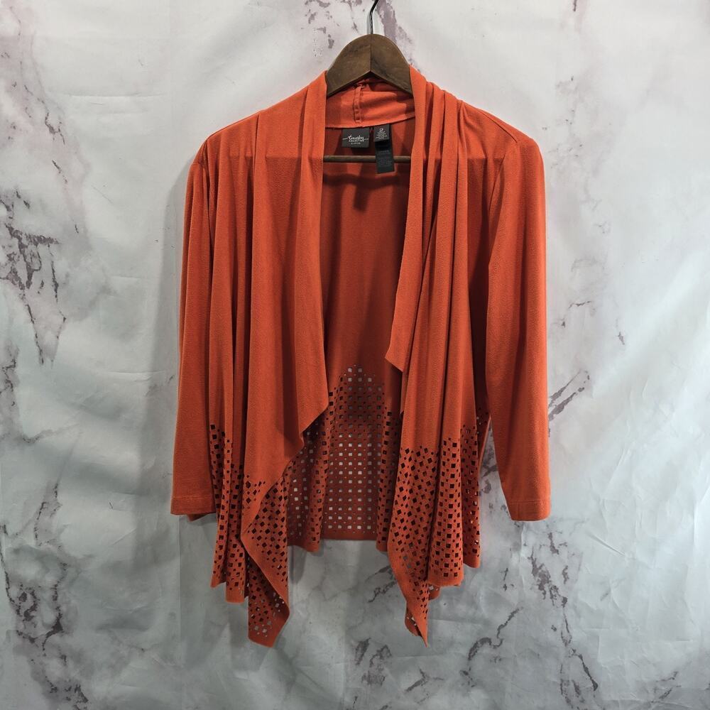 Chicos Cardigan Womens Large Orange Suede Perforated Topper Ruana Stretch